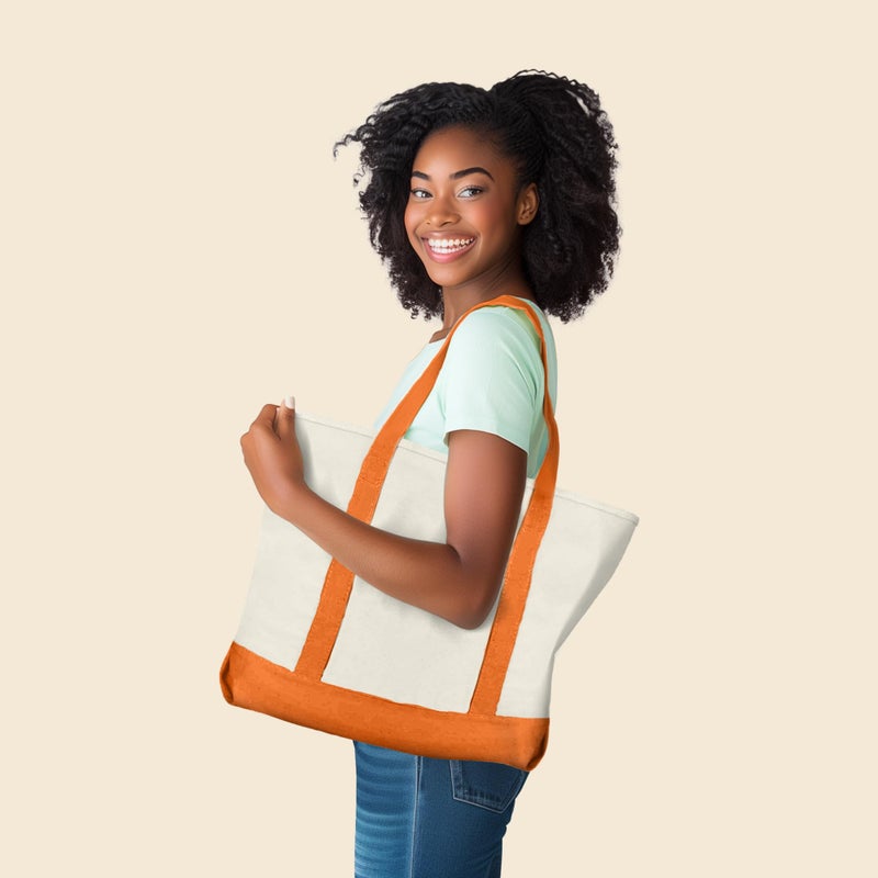 DALIX 22" Large Cotton Canvas Zippered Shopping Tote Grocery Bag in Orange - Image 3